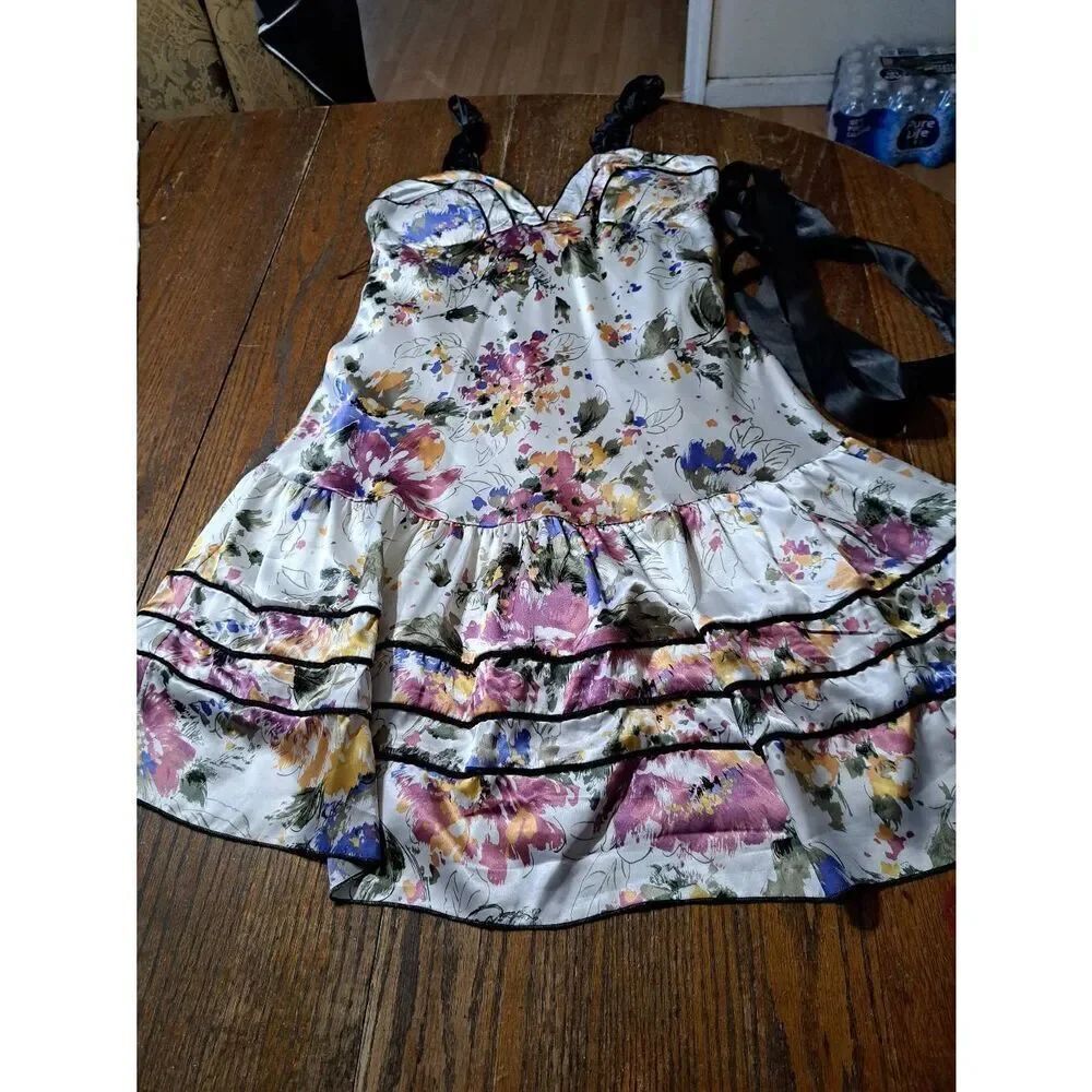 Medium KLD Signature Ruffle Tank Strap VCut Silky Floral Ruffle Hem Mini Dress